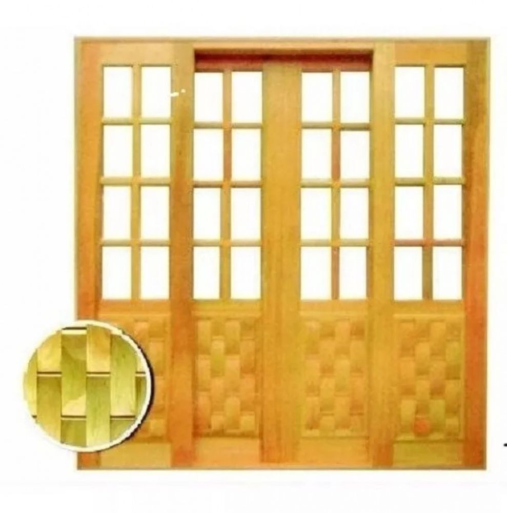 Porta Balcão de Madeira Eucalipto Couro / Vidro 4 Folhas