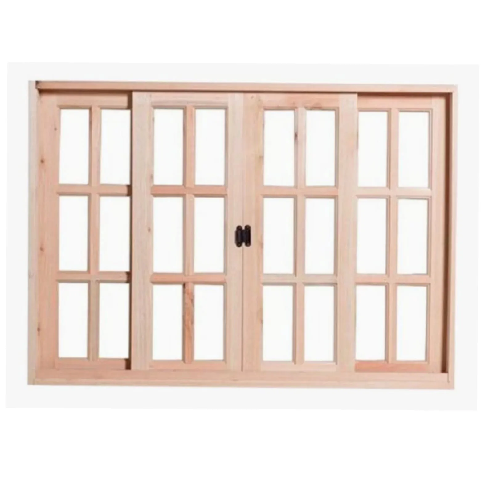 Janela Madeira Eucalipto Vitrô Cx-10cm Quadriculado 4 Folhas Correr